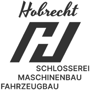 Logo mit dem Wort "Hobrecht" über einem fetten, abstrakten geometrischen Symbol und den Worten "Schlosserei Maschinenbau Fahrzeugbau Garten- und Landschaftsbau" in Großbuchstaben darunter.