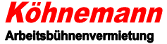 Logo mit dem Wort Köhnemann in fettgedruckter roter Kursivschrift über dem Wort Arbeitsbühnenvermietung in fettgedruckter schwarzer Schrift, das Dienstleistungen wie Gartengestaltung und Gartenpflege hervorhebt, alles auf einem sauberen weißen Hintergrund.