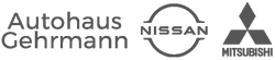Autohaus Gehrmann-Textlogo, Nissan-Rundlogo und Mitsubishi-Drei-Diamanten-Logo mit Mitsubishi-Schriftzug, alles in Graustufen auf Weiß - perfekt für Unternehmen von Gartenpflege bis Garten- und Landschaftsbau.