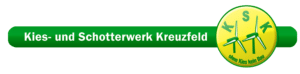 Logo für Kies- und Schotterwerk Kreuzfeld mit weißer Schrift auf grünem Banner, rechts ein gelber Kreis mit grünen Buchstaben KSK und drei stilisierten grünen Stühlen, dazu in grüner Schrift "ohne Kies kein Bau!" - ideal für Gartenarbeit und Garten- und Landschaftsbau.