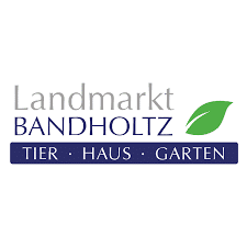 Logo für den Landmarkt Bandholtz mit dem Schriftzug Tier - Haus - Garten darunter und einer grünen Blattgrafik neben dem Text, die Themen der Gartengestaltung widerspiegelt. Die verwendeten Farben sind grau, blau und grün.
