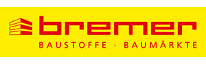 Logo mit gelbem Hintergrund, roter Schrift "bremer" und einem Symbol für gestapelte Baumaterialien auf der linken Seite. Darunter steht in kleineren roten Buchstaben BAUSTOFFE - BAUMÄRKTE - ideal für Gartenarbeit und Gartenpflege.