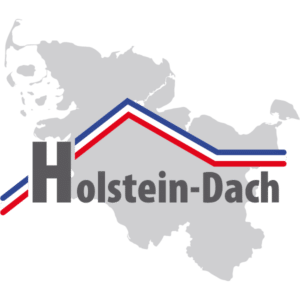 Logo mit dem Schriftzug Holstein-Dach über einer grauen Landkarte, mit einem stilisierten Dach in Rot, Weiß und Blau über dem Schriftzug - ideal für Unternehmen aus den Bereichen Dachdecker-, Garten- und Landschaftsbau oder Gartengestaltung.