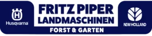 Ein rechteckiges Logo für Fritz Piper Landmaschinen mit Forst & Gartenpflege darunter. Links und rechts befinden sich die Logos von Husqvarna und New Holland, jeweils mit ihren Markennamen darunter, alles vor einem blau-weißen Hintergrund.